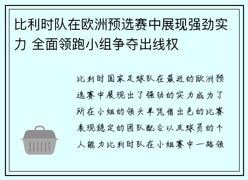 比利时队在欧洲预选赛中展现强劲实力 全面领跑小组争夺出线权