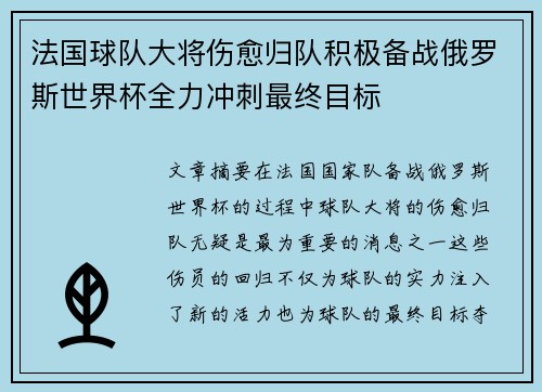 法国球队大将伤愈归队积极备战俄罗斯世界杯全力冲刺最终目标
