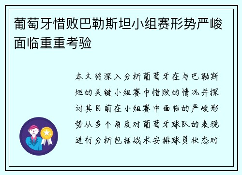 葡萄牙惜败巴勒斯坦小组赛形势严峻面临重重考验