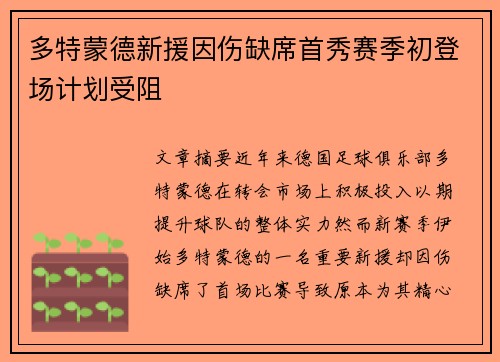 多特蒙德新援因伤缺席首秀赛季初登场计划受阻